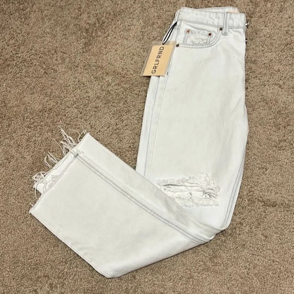 GRLFRND 24 Karolina High Rise Straight Leg Crop Jeans Light Denim Distressed New
